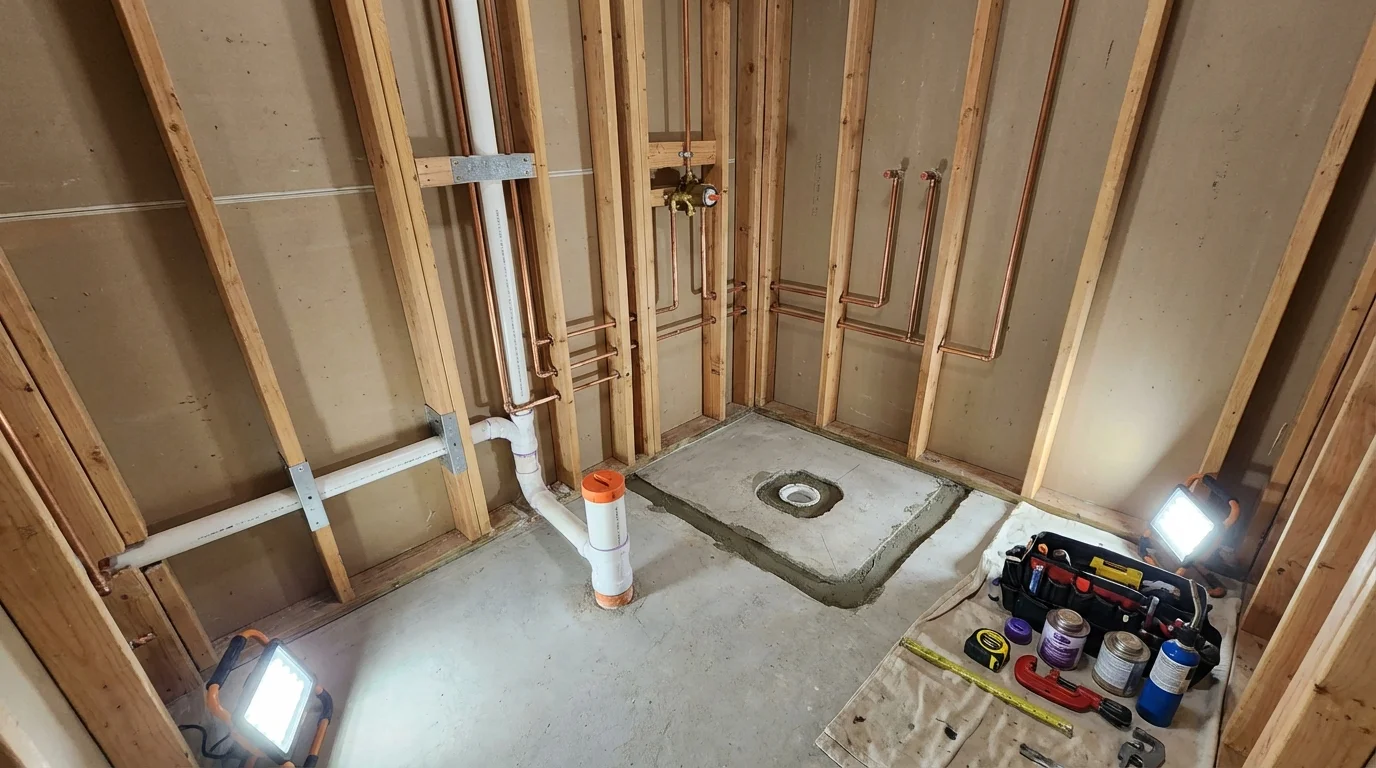Bathroom rough-in plumbing during remodel by Johns Plumbing LLC in Mooreland