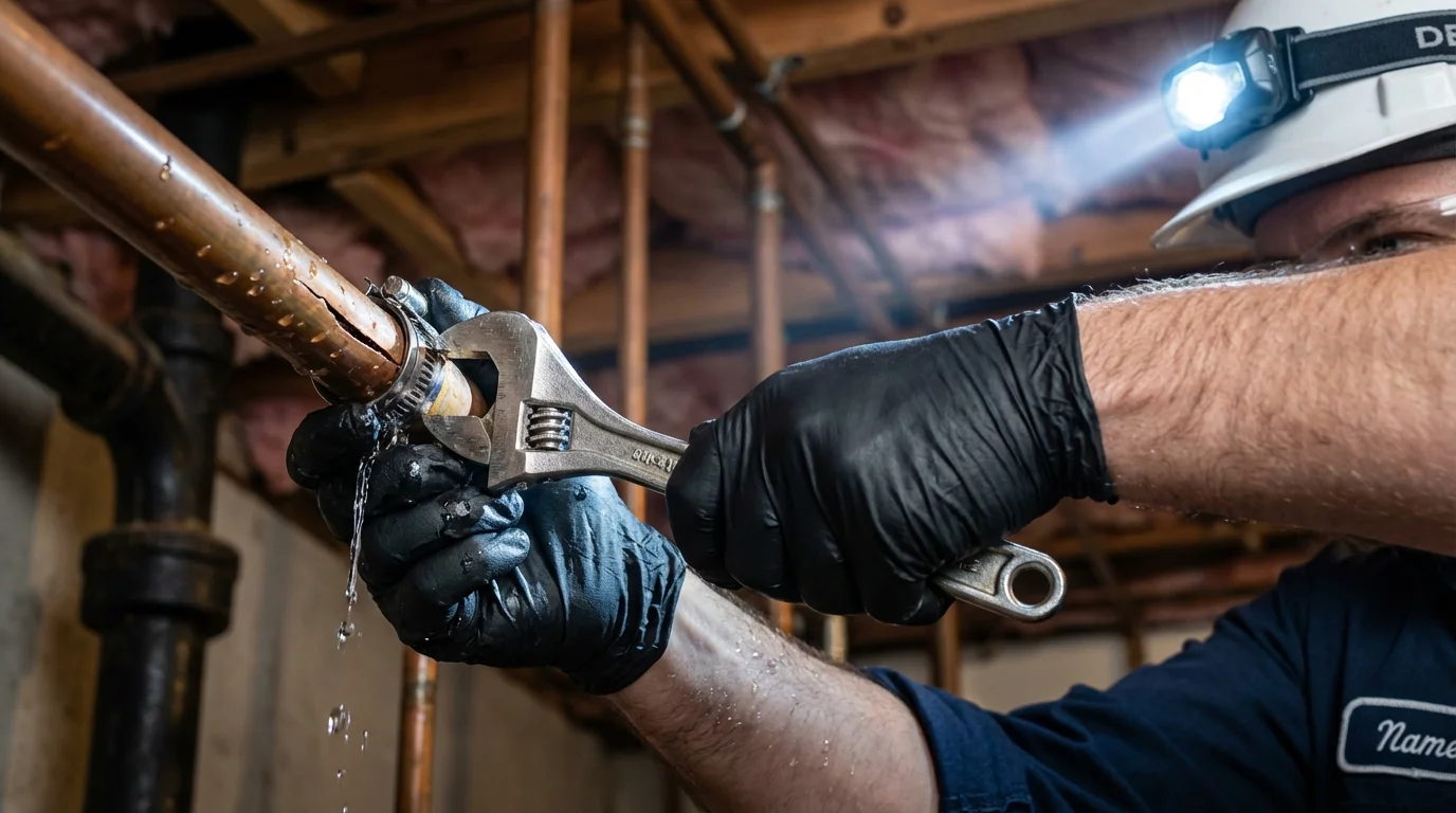 Emergency pipe clamp repair being performed by a Johns Plumbing LLC plumber in Mooreland