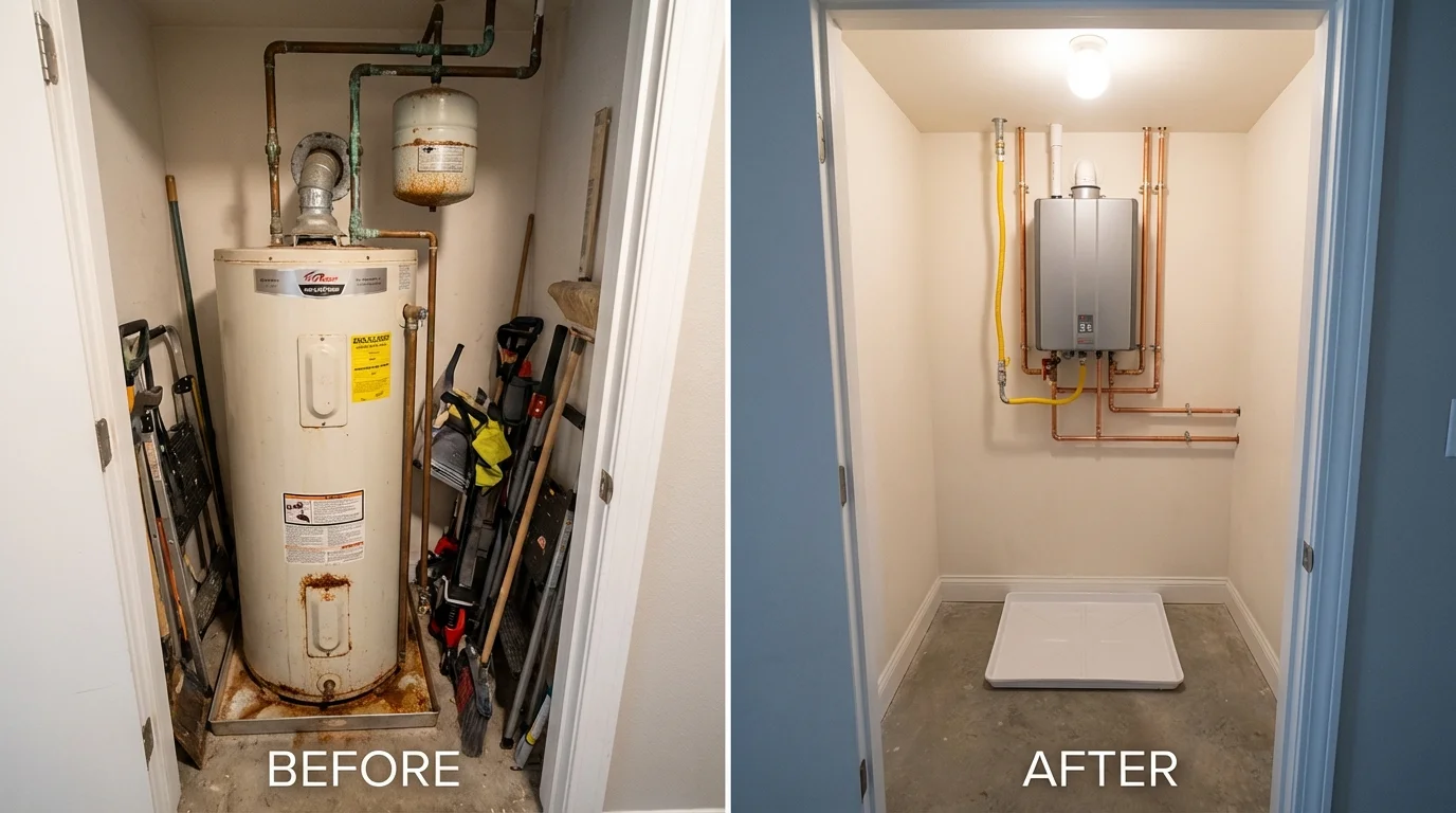 Tank water heater versus wall-mounted tankless unit comparison for Mooreland, OK homeowners