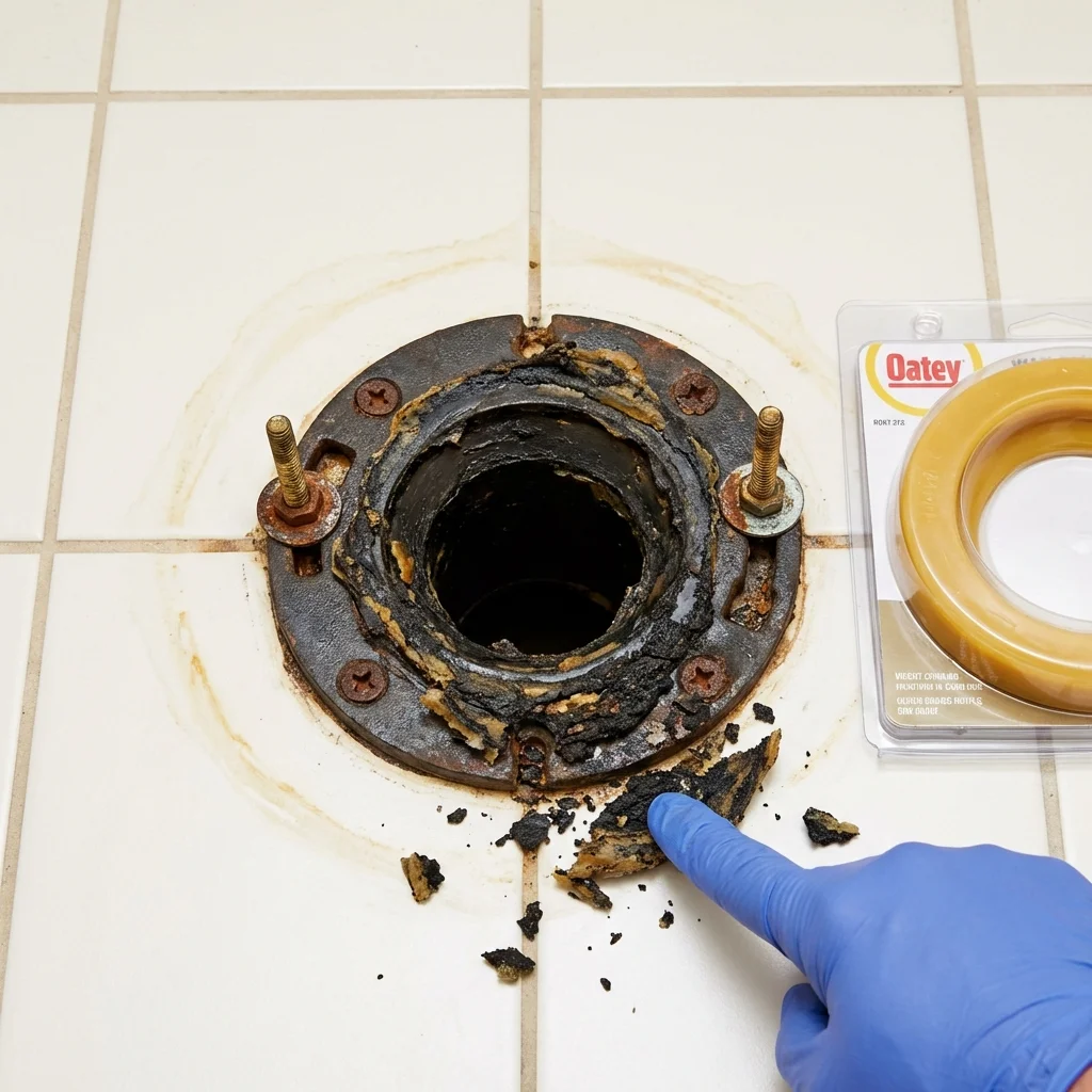 Failed wax ring showing water seepage at the base of a toilet in a Mooreland, OK home