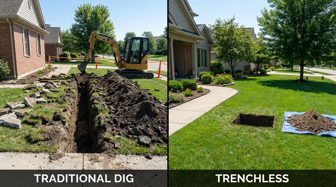 Trenchless sewer repair with minimal yard damage versus traditional excavation in Mooreland, OK
