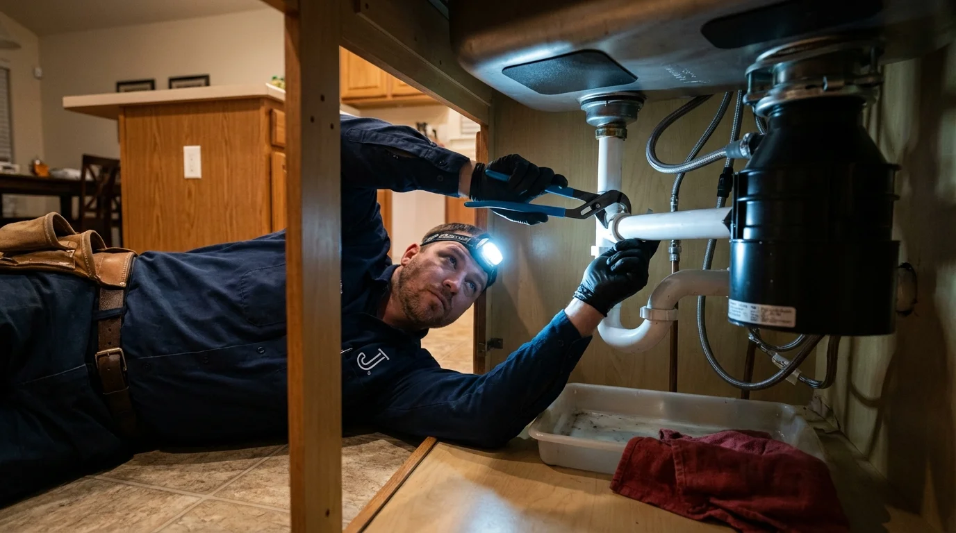 P-trap and supply line connections under a kitchen sink showing a common leak point in Mooreland, OK